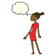 cartoon woman in dress with thought bubble N30