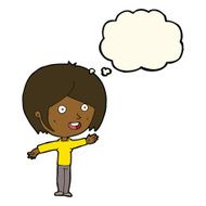 cartoon happy girl waving with thought bubble N7