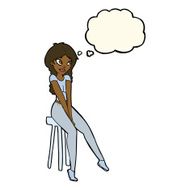 cartoon pretty girl on stool with thought bubble N6