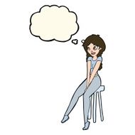 cartoon pretty girl on stool with thought bubble N7