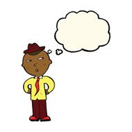 cartoon man wearing hat with thought bubble N7