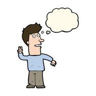 cartoon man making peace sign with thought bubble N7