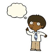 cartoon school boy with question thought bubble N6