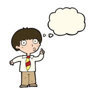 cartoon school boy with question thought bubble N7