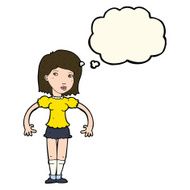 cartoon woman looking sideways with thought bubble N8
