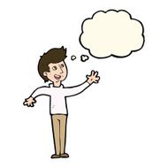 cartoon man waving with thought bubble N23
