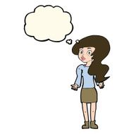 cartoon woman shrugging shoulders with thought bubble N370