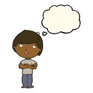 cartoon happy man with folded arm thought bubble N7