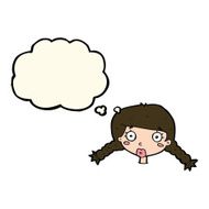 cartoon confused female face with thought bubble N8