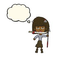 cartoon woman with knife and harpoon thought bubble N6