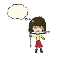 cartoon woman with knife and harpoon thought bubble N7