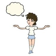 cartoon woman shrugging shoulders with thought bubble N372