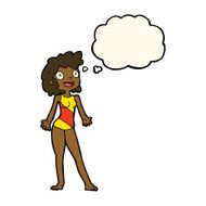 cartoon woman in swimming costume with thought bubble N7
