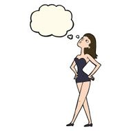 cartoon woman in party dress with thought bubble N7