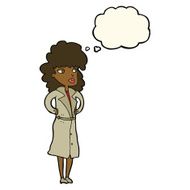 cartoon woman in trench coat with thought bubble N18