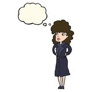 cartoon woman in trench coat with thought bubble N19
