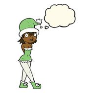 cartoon woman in christmas elf costume with thought bubble N7