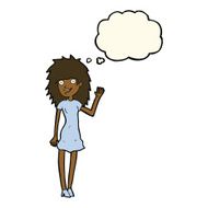 cartoon happy woman waving with thought bubble N6