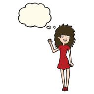 cartoon happy woman waving with thought bubble N7