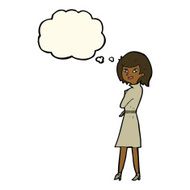 cartoon woman in trench coat with thought bubble N20