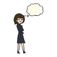 cartoon woman in trench coat with thought bubble N21