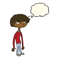 cartoon suspicious boy with thought bubble N6