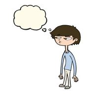 cartoon suspicious boy with thought bubble N7