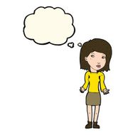 cartoon woman shrugging shoulders with thought bubble N373