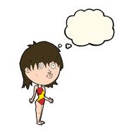 cartoon woman in swimsuit shrugging shoulders with thought bubbl N4