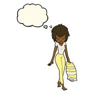 cartoon woman going to bed with thought bubble N6