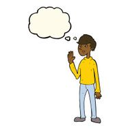 cartoon waving man with thought bubble N30