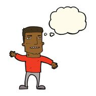cartoon waving stressed man with thought bubble N7