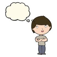 cartoon happy man with folded arm thought bubble N8