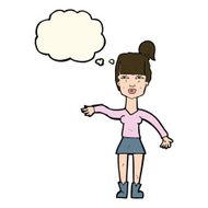 cartoon woman making dismissive gesture with thought bubble N16