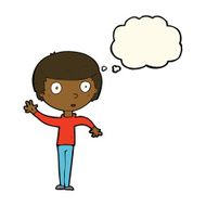 cartoon waving boy with thought bubble N14
