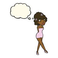 cartoon woman posing in dress with thought bubble N25