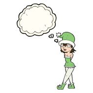 cartoon woman in christmas elf costume with thought bubble N8