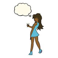 cartoon woman posing in dress with thought bubble N27