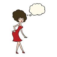 cartoon woman posing in dress with thought bubble N28