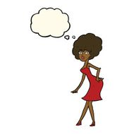 cartoon woman posing in dress with thought bubble N29