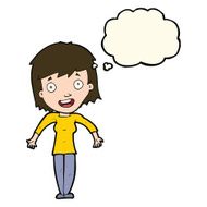 cartoon woman shrugging shoulders with thought bubble N375