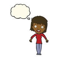 cartoon woman shrugging shoulders with thought bubble N376