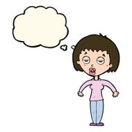 cartoon woman shrugging shoulders with thought bubble N377