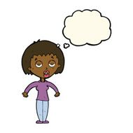cartoon woman shrugging shoulders with thought bubble N378
