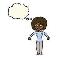 cartoon woman shrugging shoulders with thought bubble N380