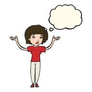 cartoon woman shrugging shoulders with thought bubble N381