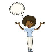 cartoon woman shrugging shoulders with thought bubble N382