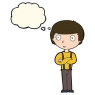cartoon staring boy with folded arms thought bubble N8