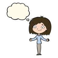 cartoon woman shrugging shoulders with thought bubble N383