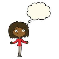 cartoon woman shrugging shoulders with thought bubble N384